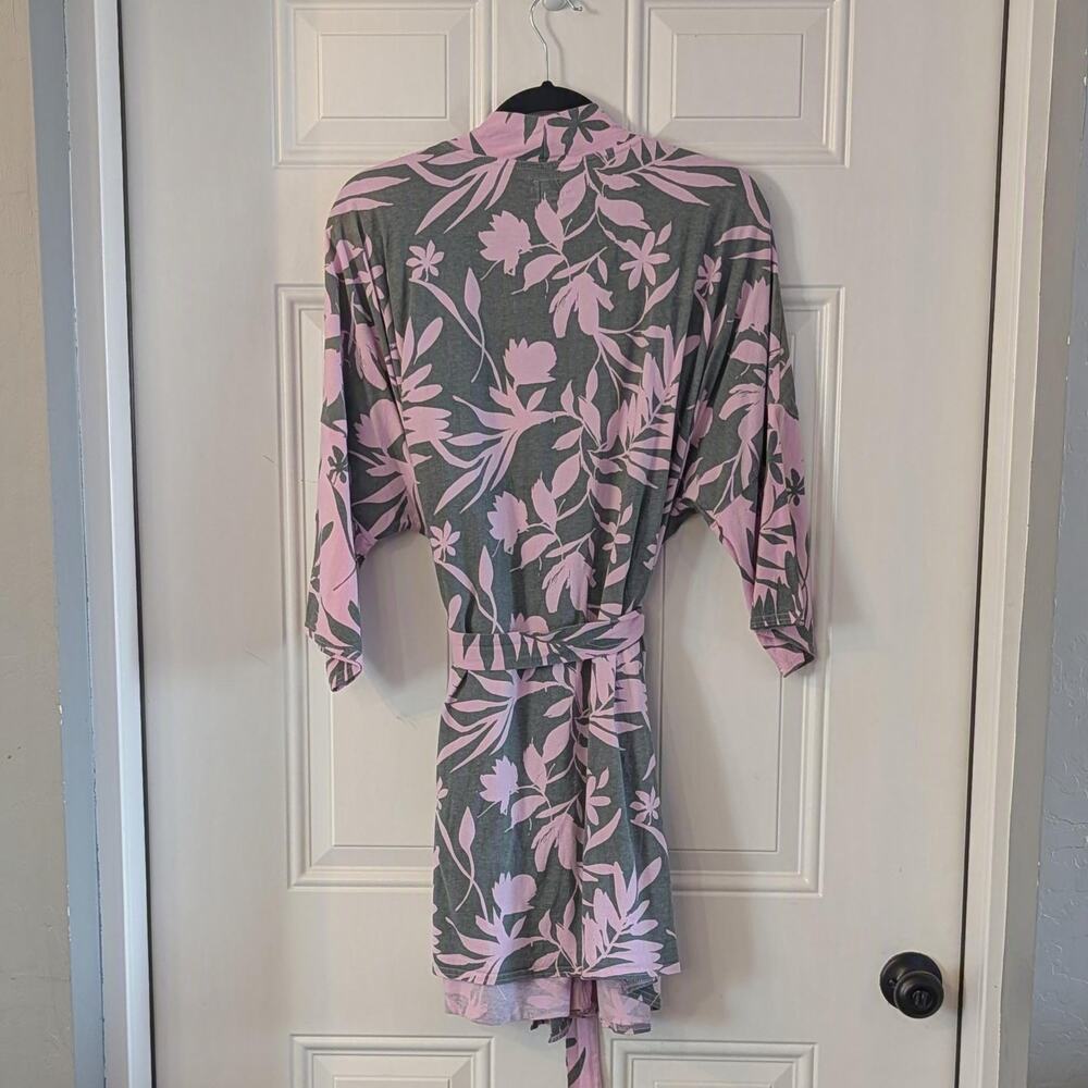 Pact Organic Cotton Floral Robe XL XXL Pink Gray Tie Waist Tropical Botanical - Picture 3 of 6